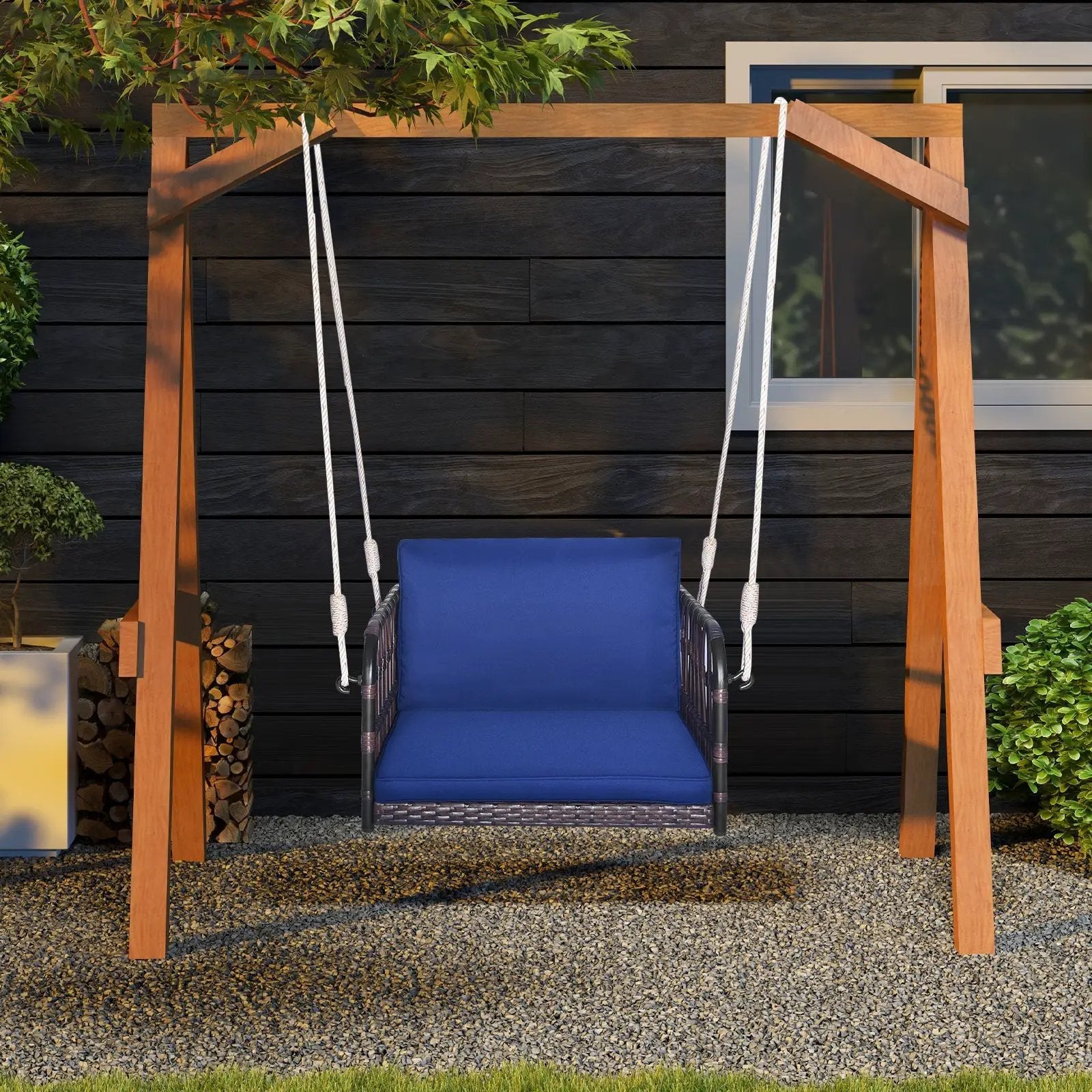 Single Person Hanging Seat with Seat and Back Cushions-Navy by DirectDeals