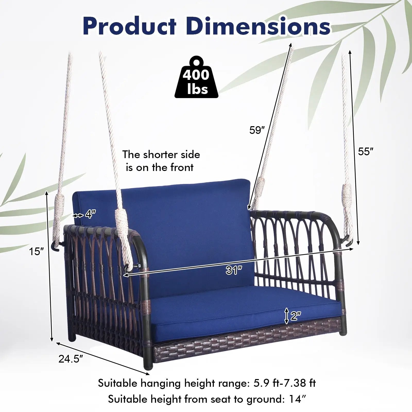 Single Person Hanging Seat with Seat and Back Cushions-Navy by DirectDeals