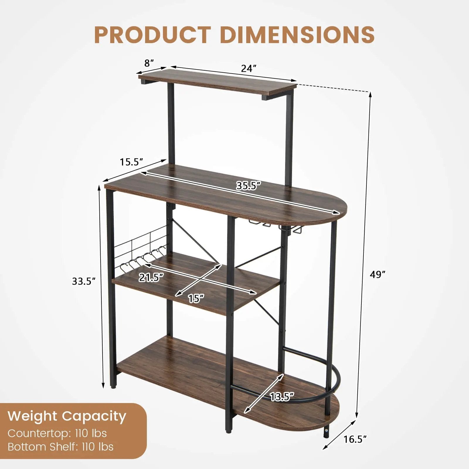 4-Tier Kitchen Bakers Rack with 6 S-Hooks and Stemware Racks-Rustic Brown by DirectDeals