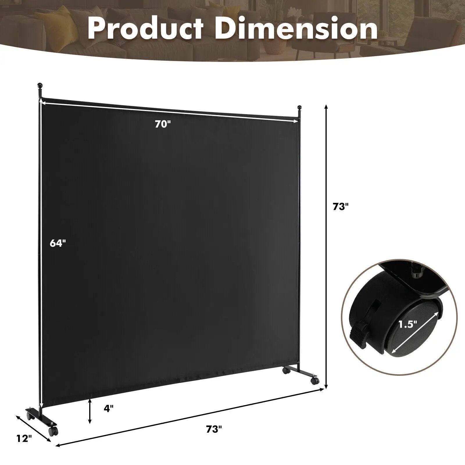 6 Feet Single Panel Rolling Room Divider with Smooth Wheels by DirectDeals