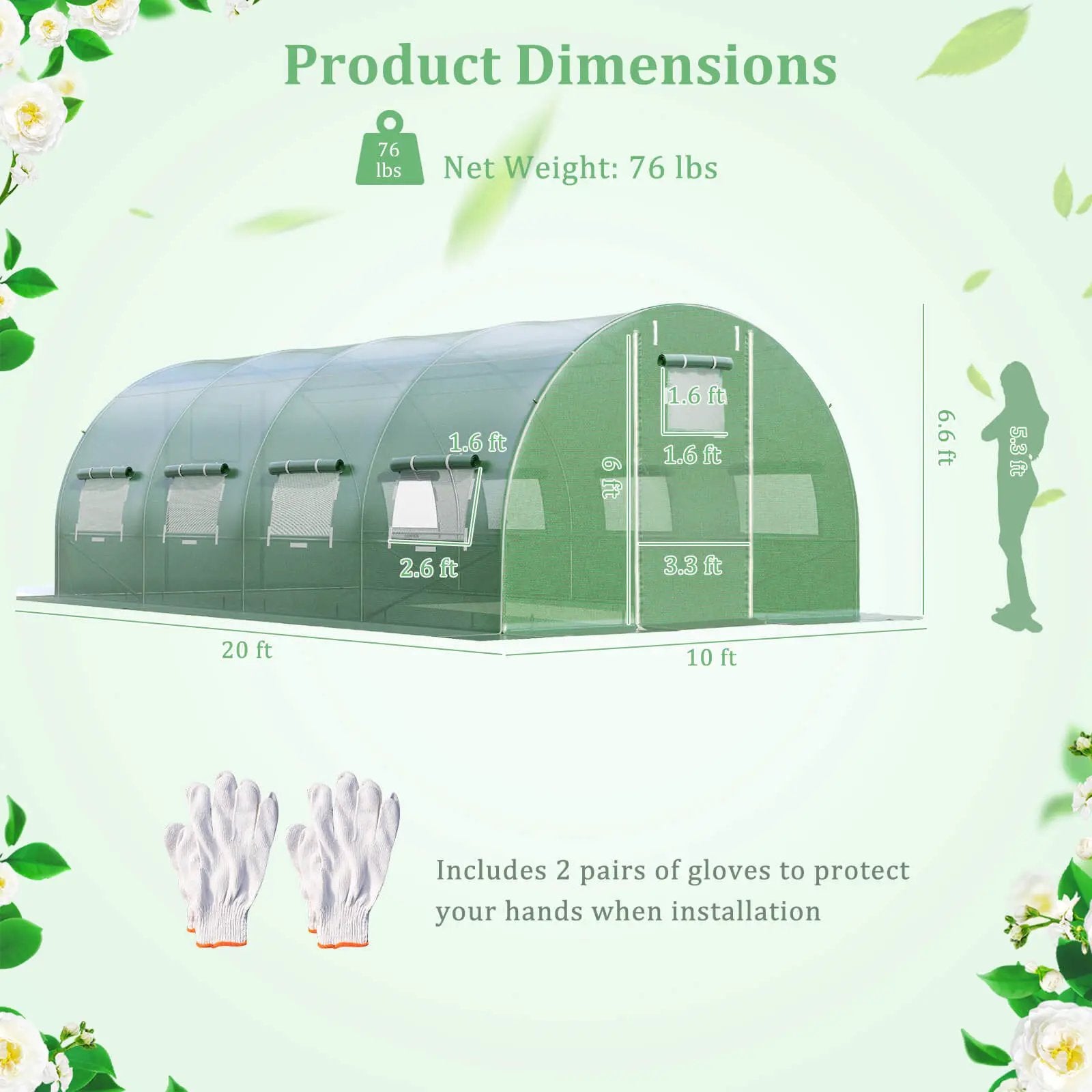 20 x 10 x 6.6 Feet Greenhouse with Windows and Doors for Outdoor-Green by DirectDeals