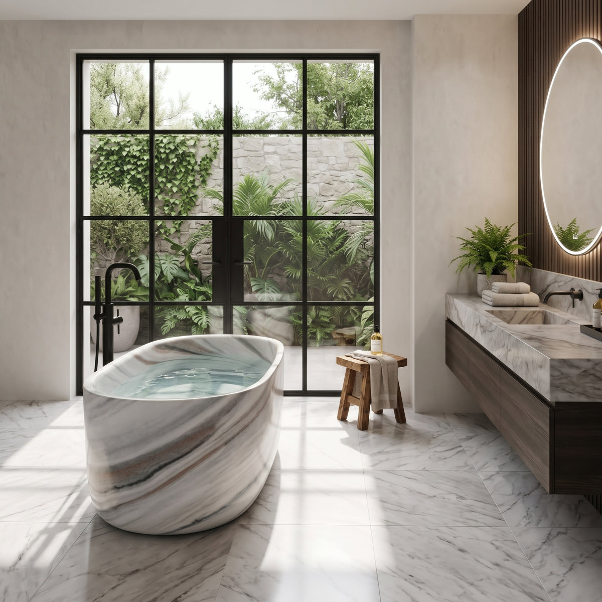 A freestanding oval bathtub with a white and gray marbled stone finish sits in a modern bathroom with a large black-framed window overlooking greenery, next to a marble vanity and wood accents.
