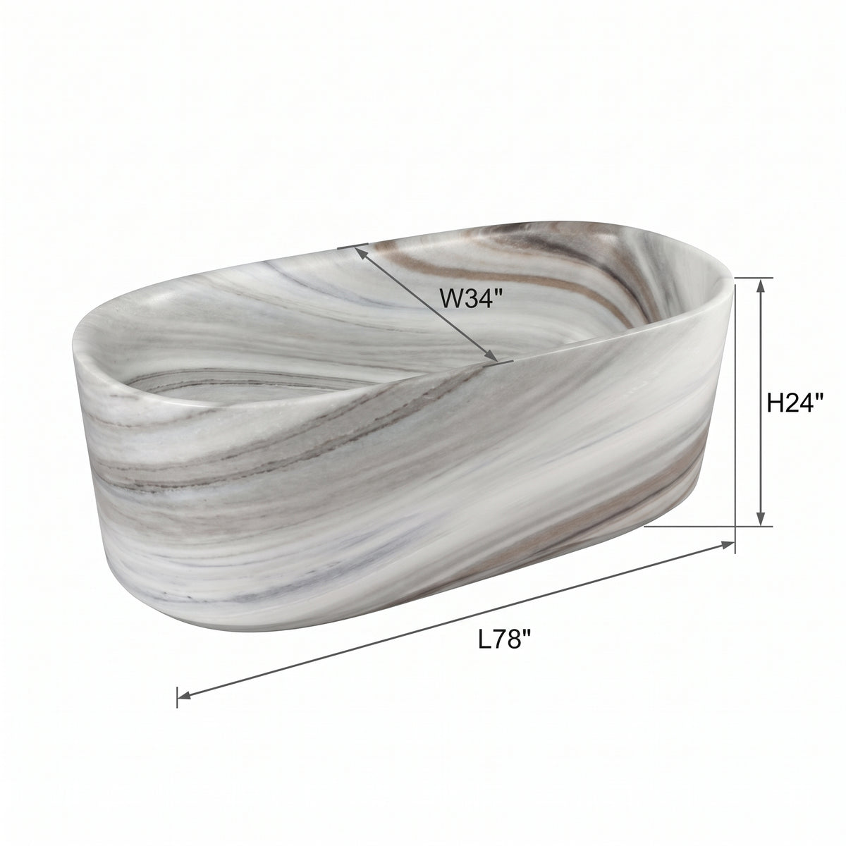 An oval bathroom vessel sink with a white, gray, and brown marble swirl pattern, shown with dimension lines indicating measurements of 78 inches in length, 24 inches in height, and 34 inches in width.