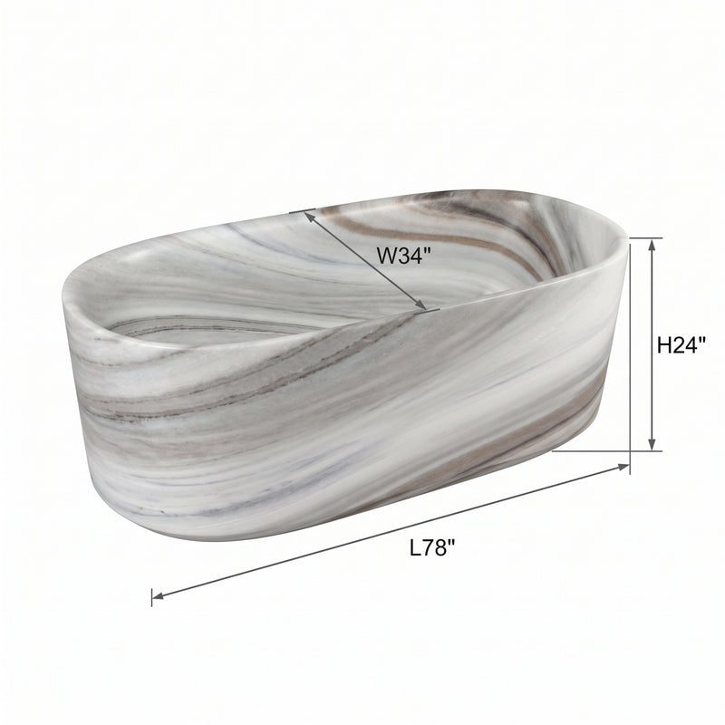 An oval bathroom vessel sink with a white, gray, and brown marble swirl pattern, shown with dimension lines indicating measurements of 78 inches in length, 24 inches in height, and 34 inches in width.