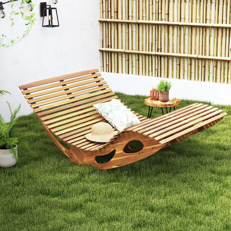 Slatted Acacia 2-Seat Patio Dual Rocker Sunbed Wood Lounger with Ergonomic Curved Seat by DirectDeals