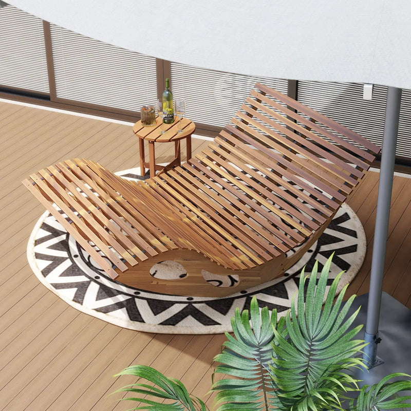 Slatted Acacia 2-Seat Patio Dual Rocker Sunbed Wood Lounger with Ergonomic Curved Seat by DirectDeals