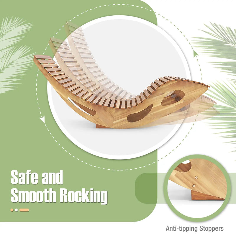 Slatted Acacia 2-Seat Patio Dual Rocker Sunbed Wood Lounger with Ergonomic Curved Seat by DirectDeals