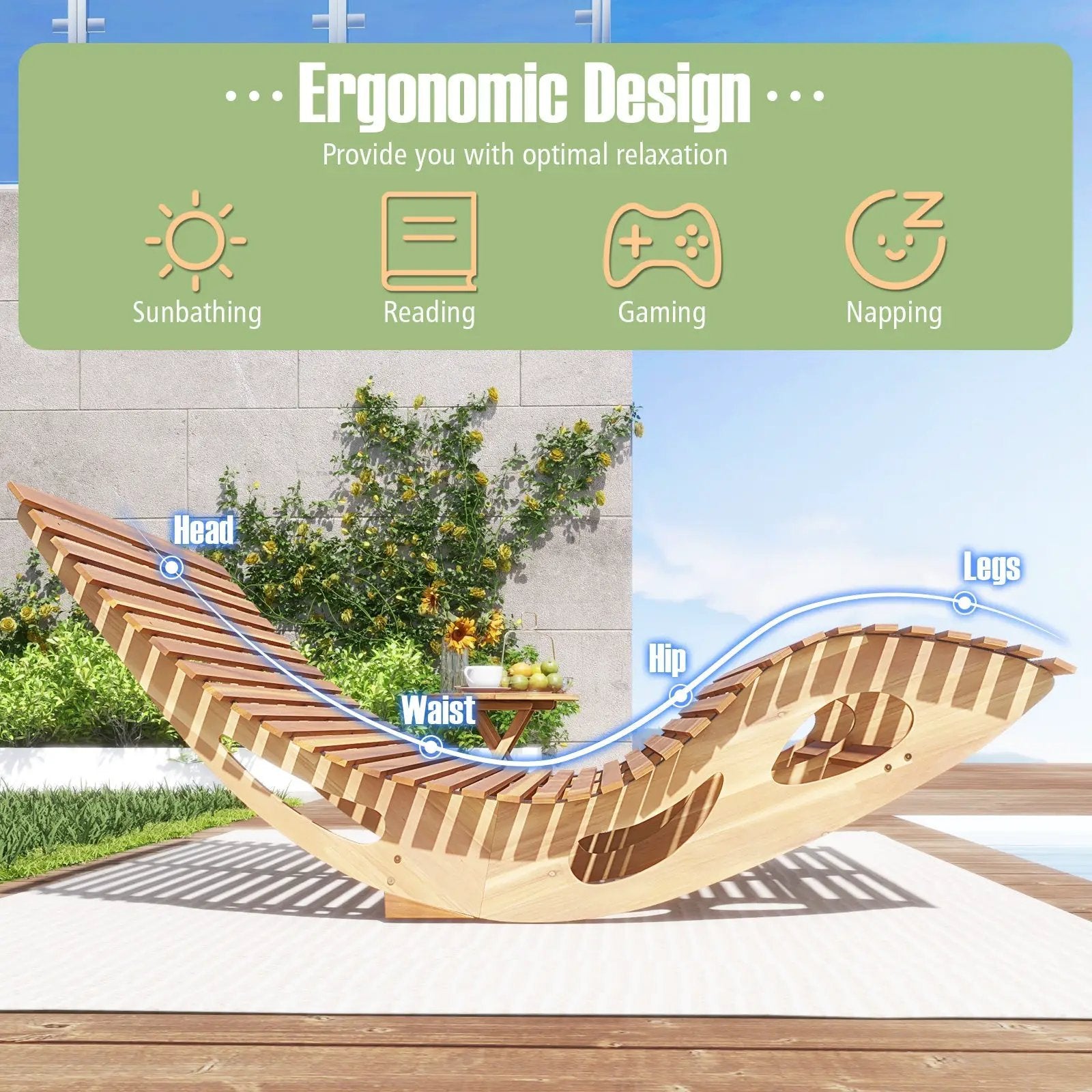 Slatted Acacia 2-Seat Patio Dual Rocker Sunbed Wood Lounger with Ergonomic Curved Seat by DirectDeals