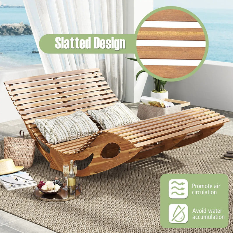Slatted Acacia 2-Seat Patio Dual Rocker Sunbed Wood Lounger with Ergonomic Curved Seat by DirectDeals