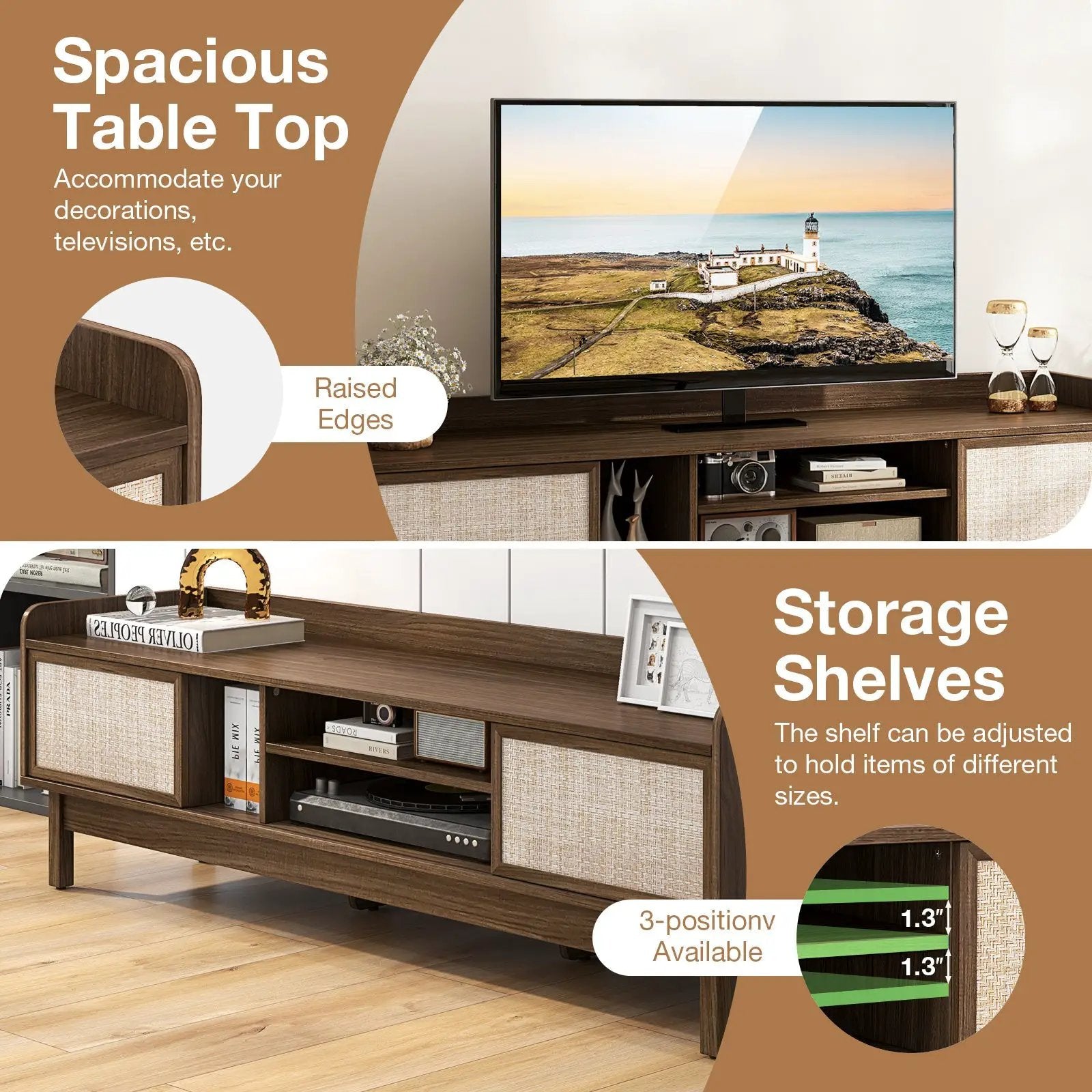 Sliding Door TV Stand for 65 Inch TV with Woven Doors-Walnut by DirectDeals