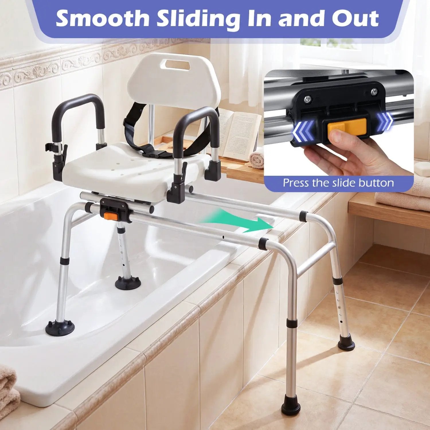 Sliding Shower Chair with Backrest and Swivel Seat for Handicap and Seniors by DirectDeals