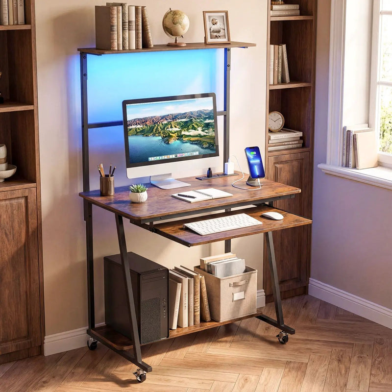 Small Computer Desk with Charging Station and LED Lights and Wheels by DirectDeals
