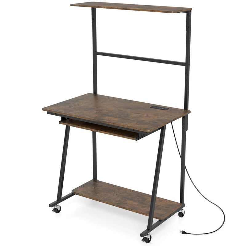 Small Computer Desk with Charging Station and LED Lights and Wheels by DirectDeals
