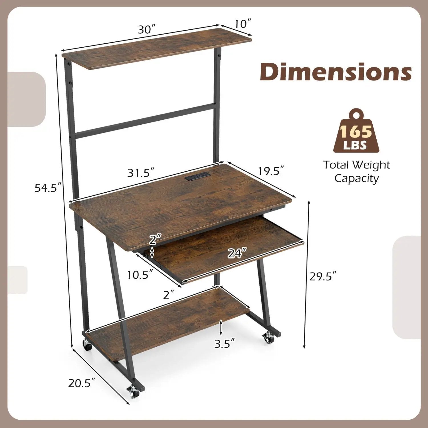 Small Computer Desk with Charging Station and LED Lights and Wheels by DirectDeals
