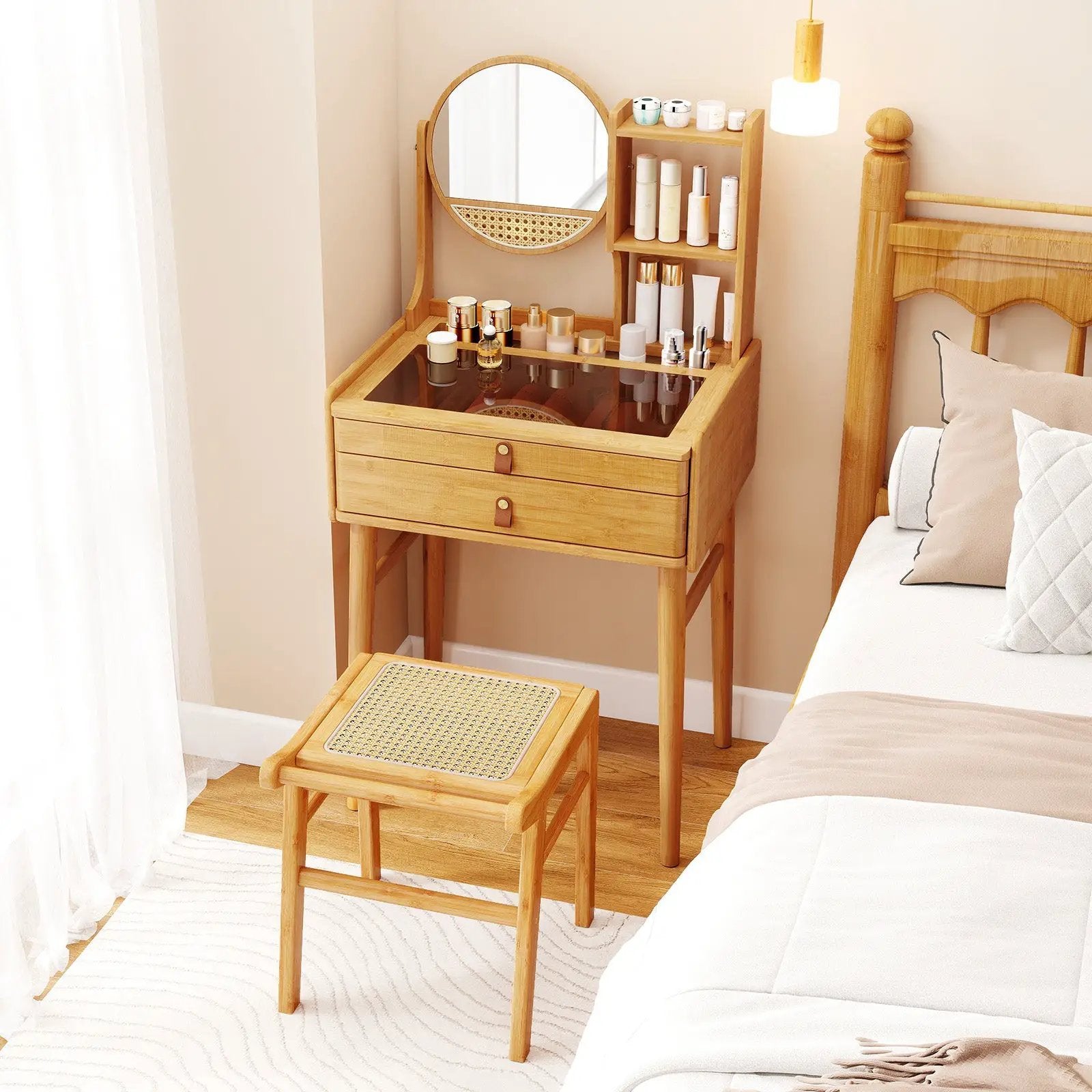 Small Vanity Desk and Stool Set with Mirror and 2 Drawers by DirectDeals