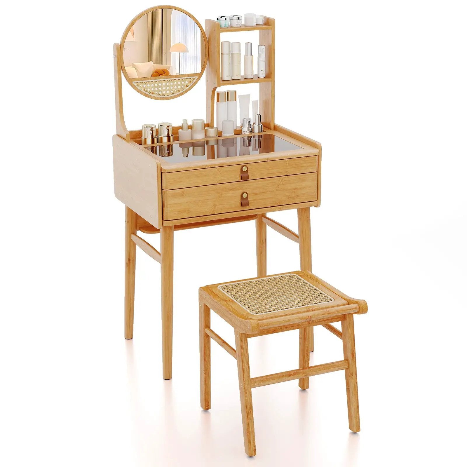Small Vanity Desk and Stool Set with Mirror and 2 Drawers by DirectDeals