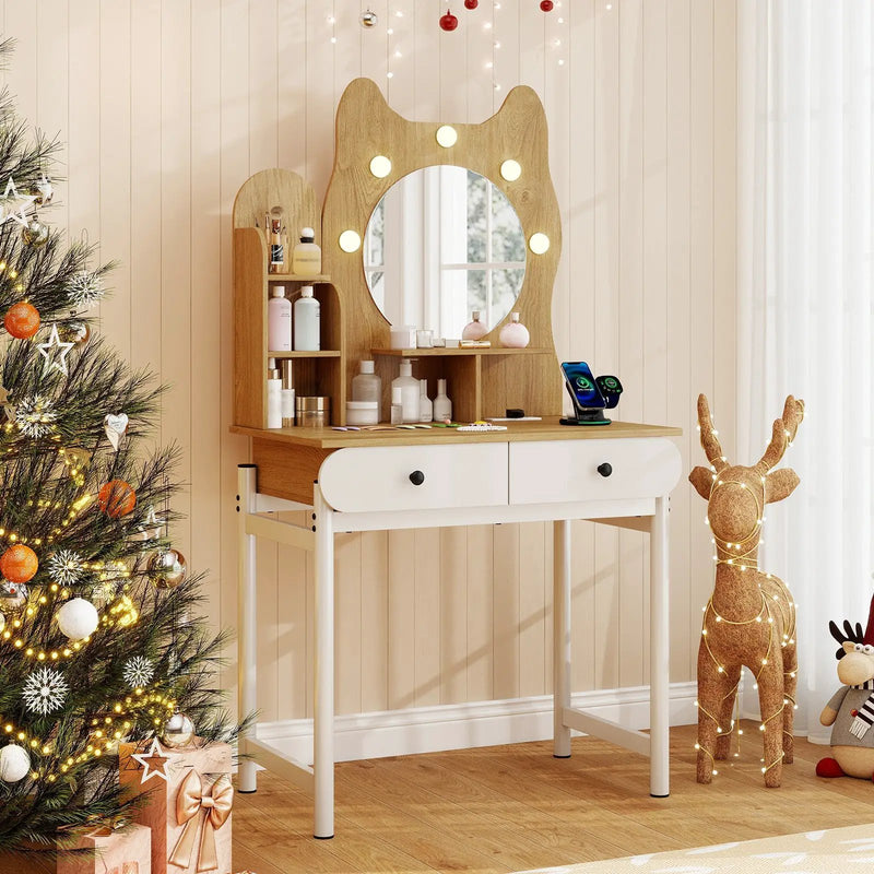 Small Vanity Desk with Mirror and Lights Cute Kitty Makeup Table with Power Outlets-Natural by DirectDeals