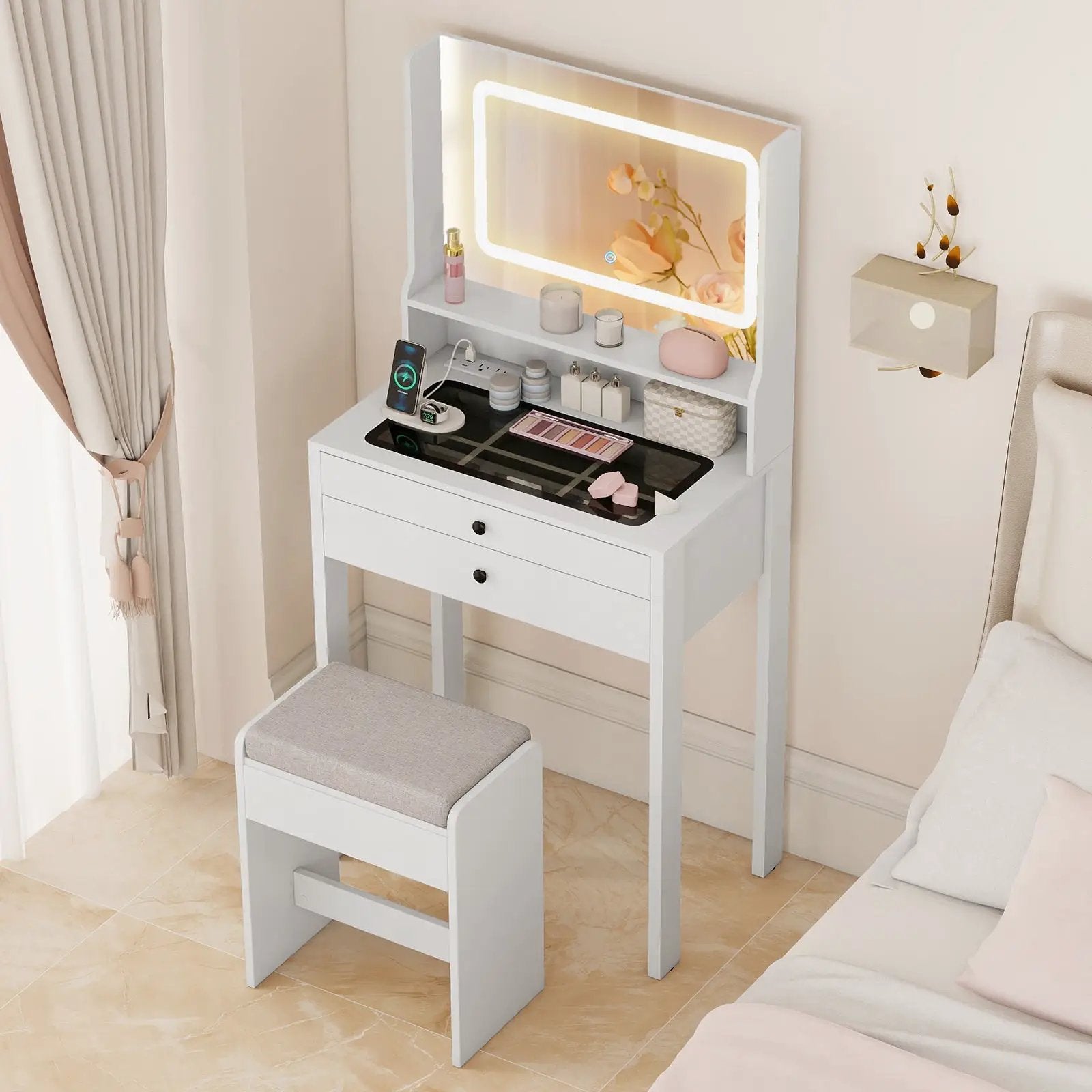 Small Vanity Desk with Mirror and Lights for Bedroom by DirectDeals
