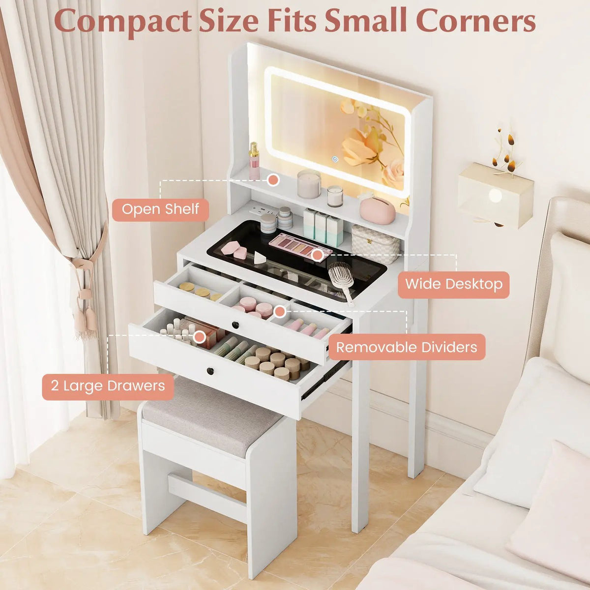 Small Vanity Desk with Mirror and Lights for Bedroom, photo 4 of 16