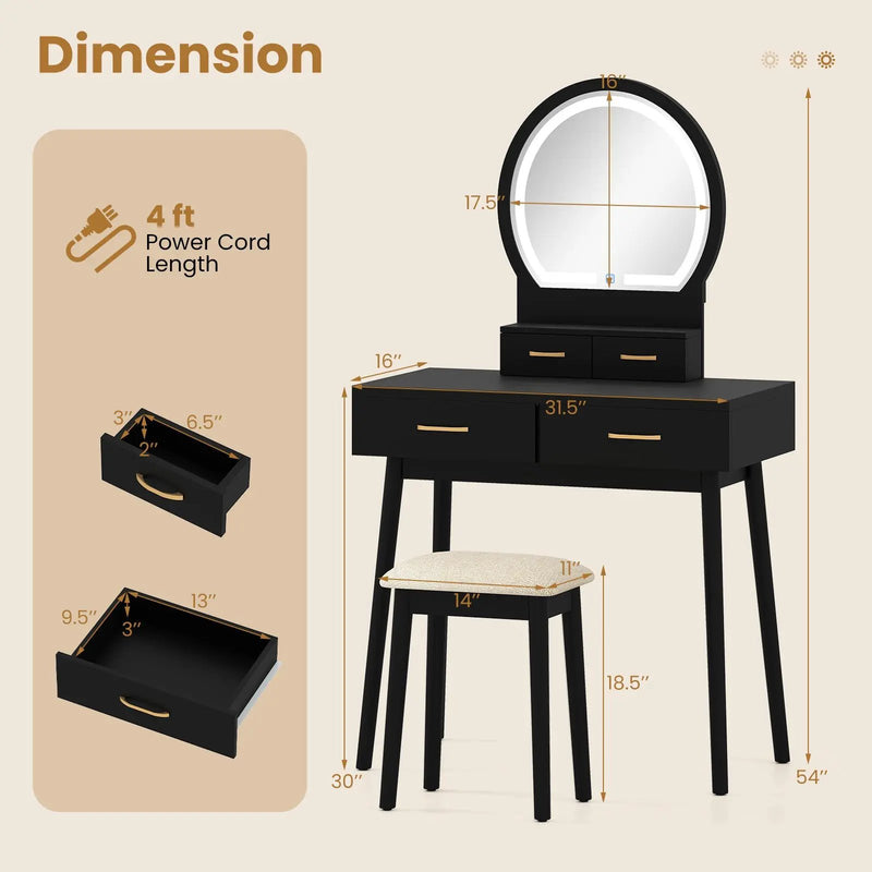 Small Vanity Makeup Dressing Table Set with Cushioned Stool and LED Lighted Mirror by DirectDeals