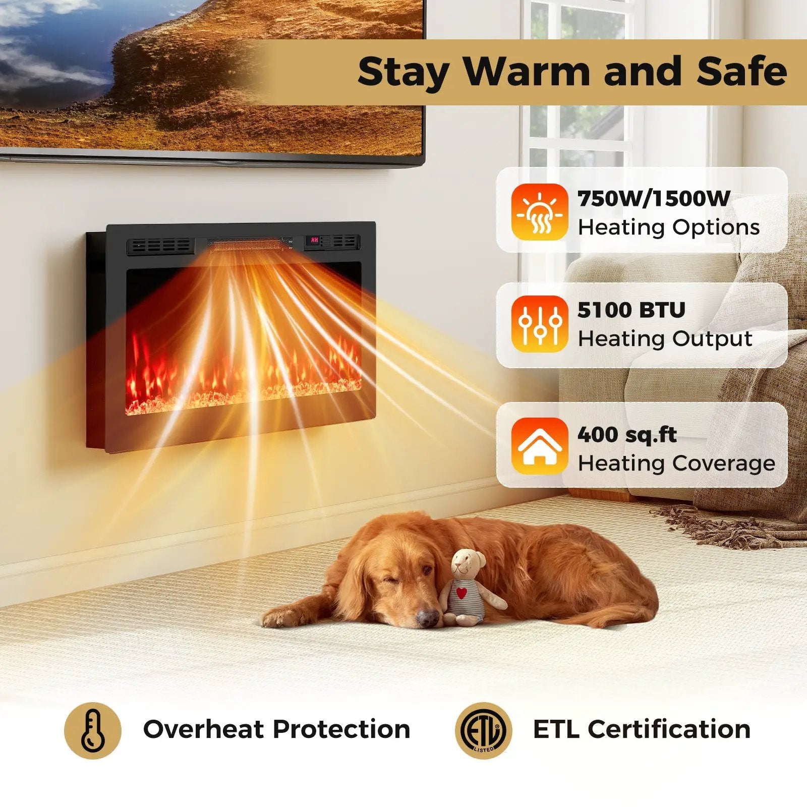Smart WiFi Electric Fireplace Wall Mounted & Recessed 750W/1500W Heater by DirectDeals