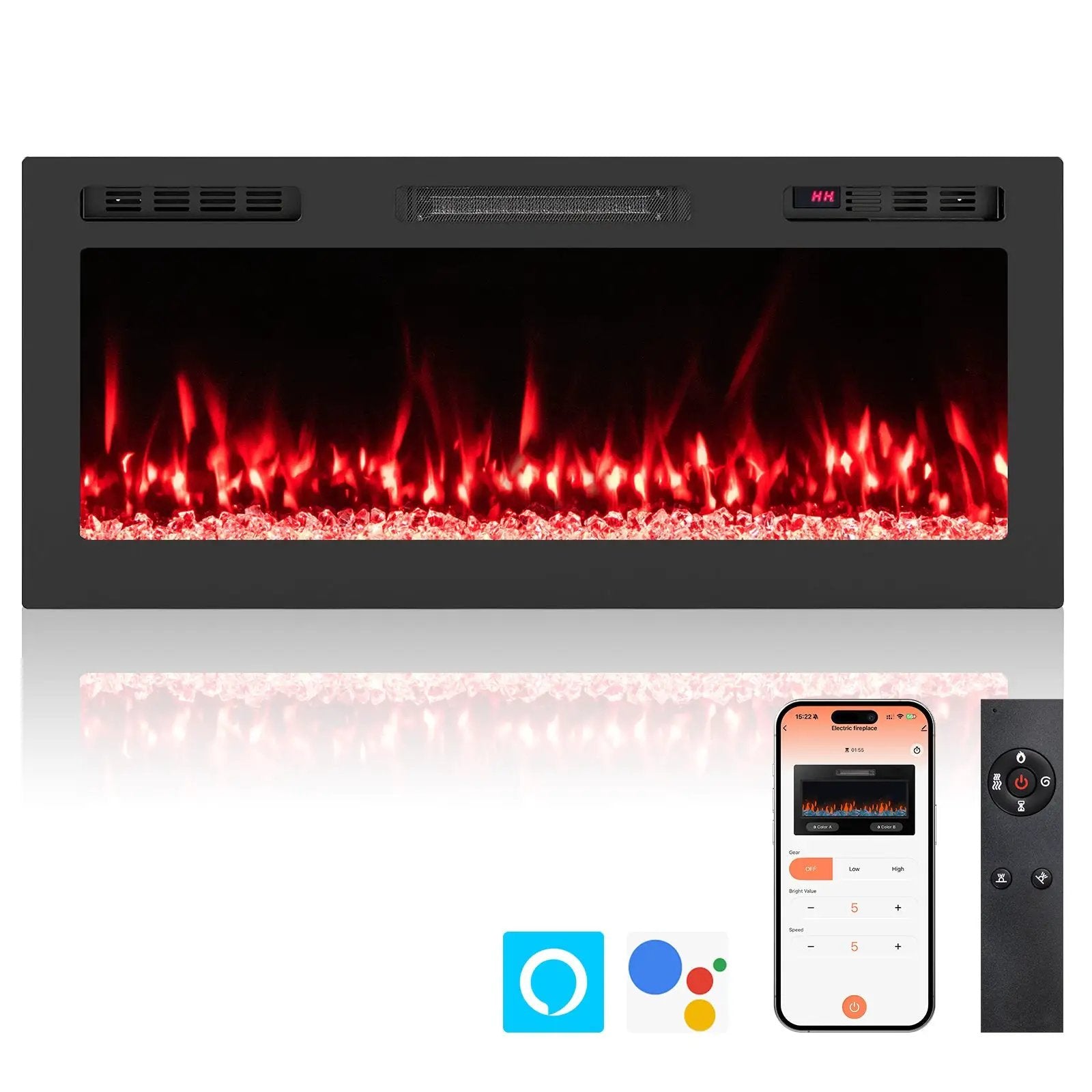 Smart WiFi Electric Fireplace Wall Mounted & Recessed 750W/1500W Heater by DirectDeals