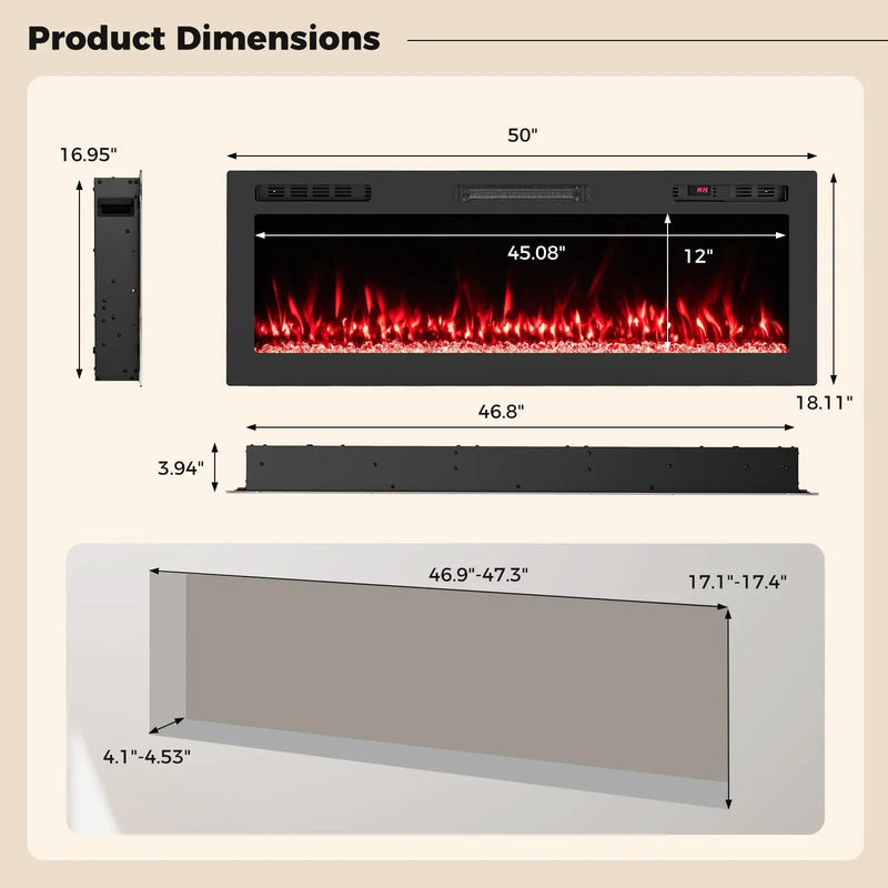 Smart WiFi Electric Fireplace Wall Mounted & Recessed 750W/1500W Heater by DirectDeals