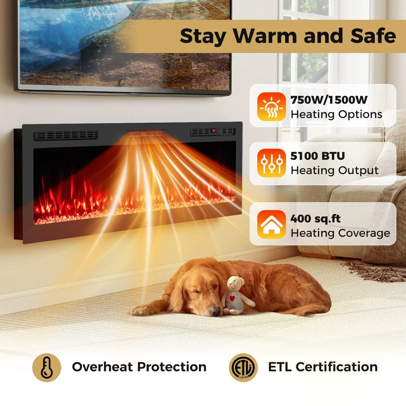 Smart WiFi Electric Fireplace Wall Mounted & Recessed 750W/1500W Heater by DirectDeals