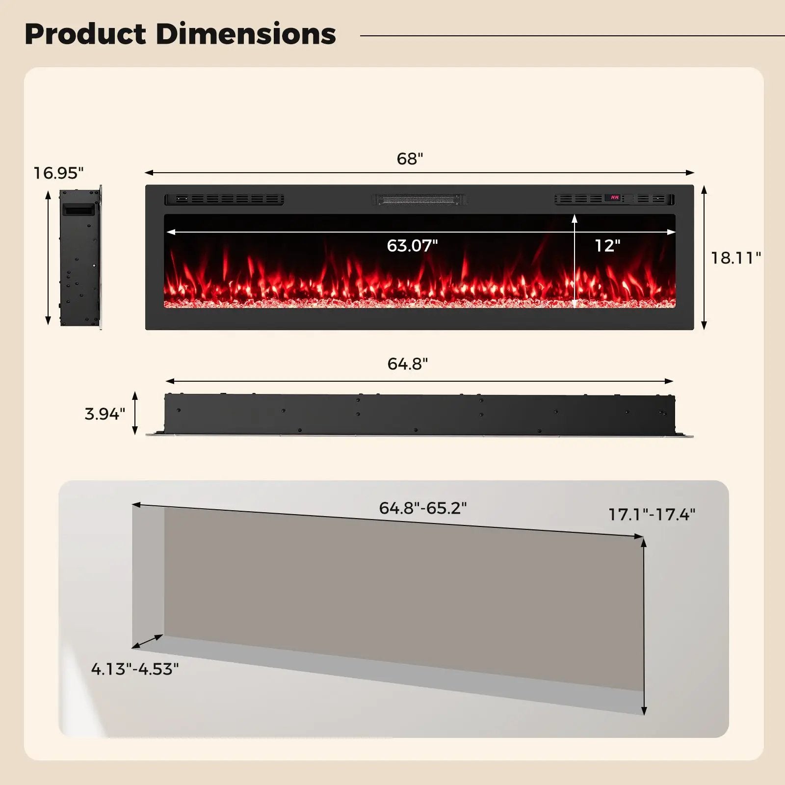 Smart WiFi Electric Fireplace Wall Mounted & Recessed 750W/1500W Heater by DirectDeals