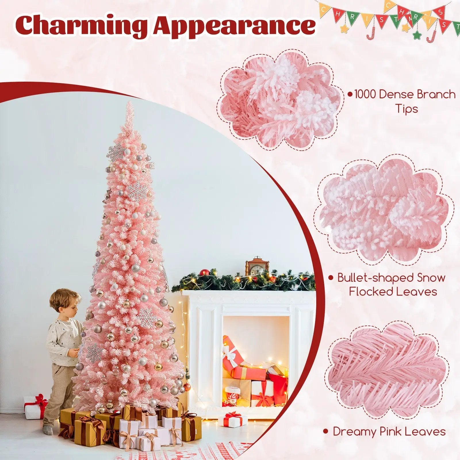 Snow Flocked 7 FT Artificial Pink Xmas Tree with 635 Branch Tips by DirectDeals