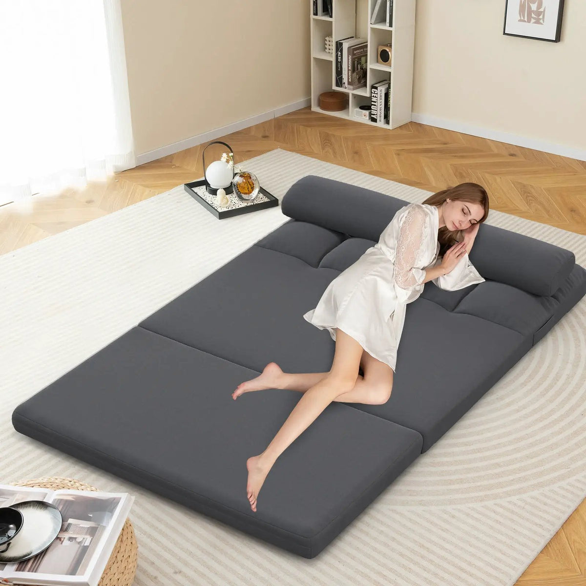 Floor Sofa Bed with 6 Positions Adjustable Backrest Skin-friendly Velvet Cover, photo 3 of 16
