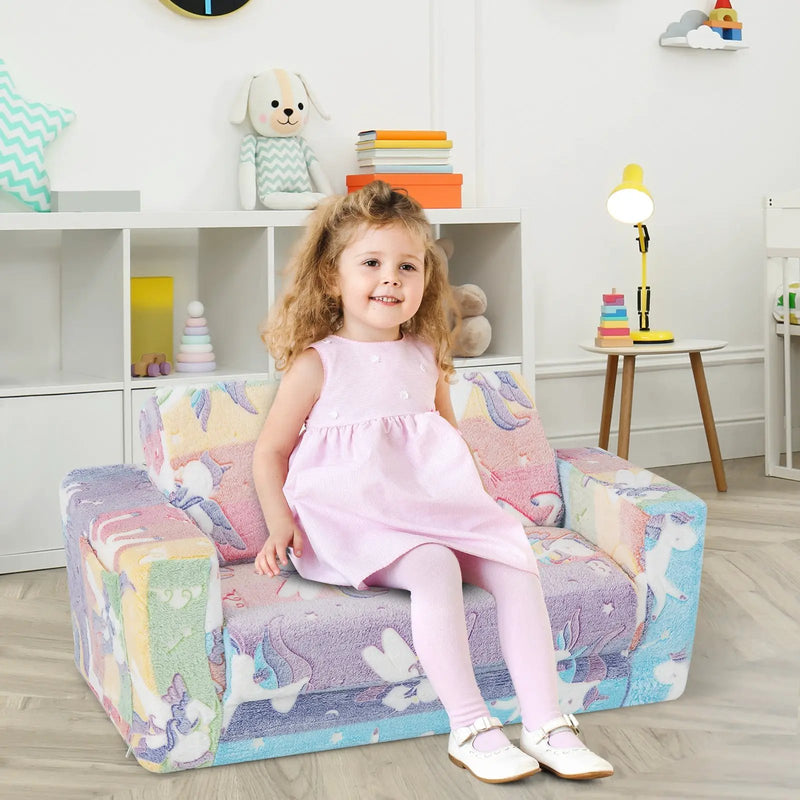 2-in-1 Flip Out Kids Sofa Chair with Detachable Flannel Fabric Cover and Glowing Patterns-Color by DirectDeals