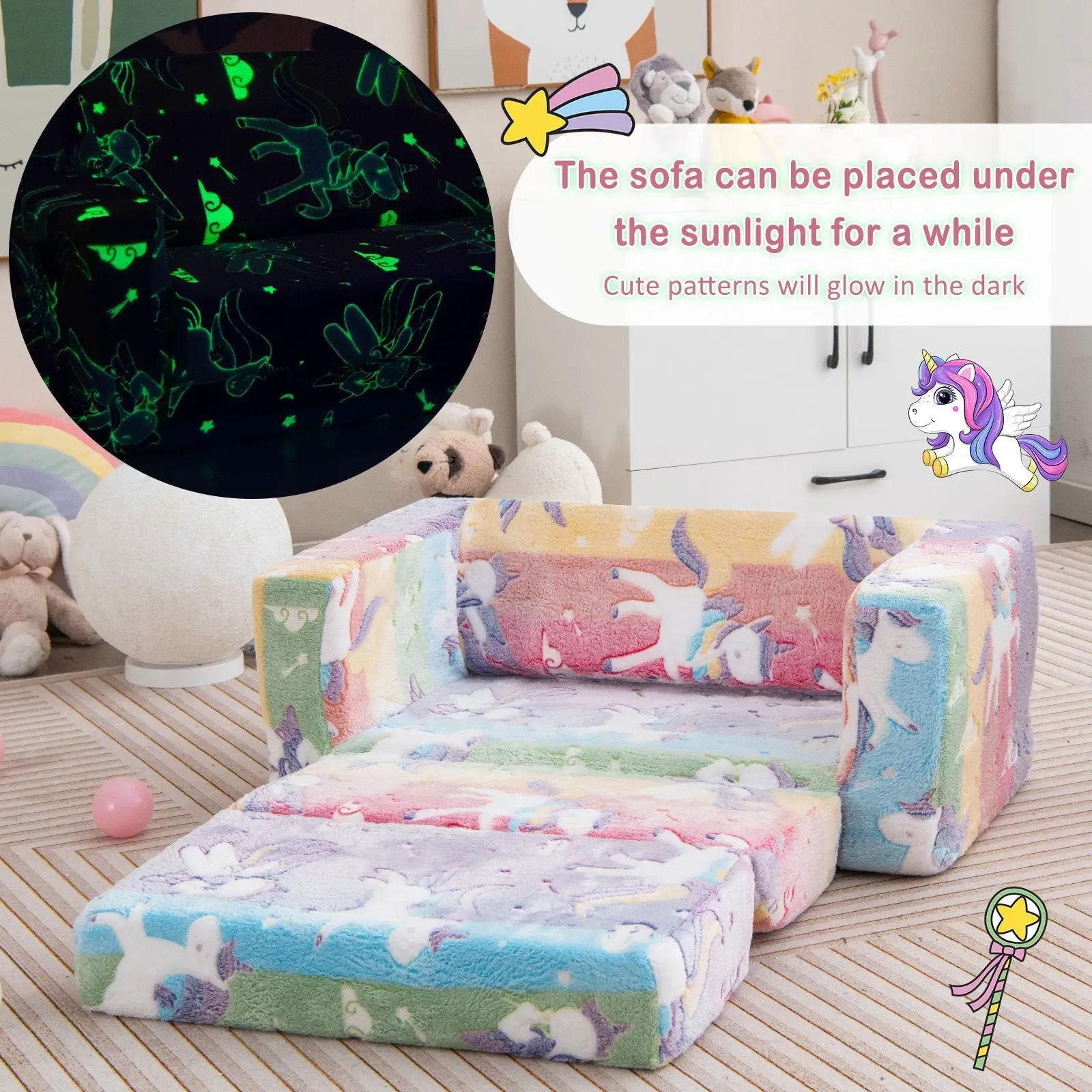 2-in-1 Flip Out Kids Sofa Chair with Detachable Flannel Fabric Cover and Glowing Patterns-Color by DirectDeals