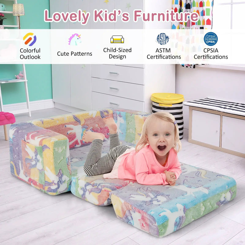 2-in-1 Flip Out Kids Sofa Chair with Detachable Flannel Fabric Cover and Glowing Patterns-Color by DirectDeals
