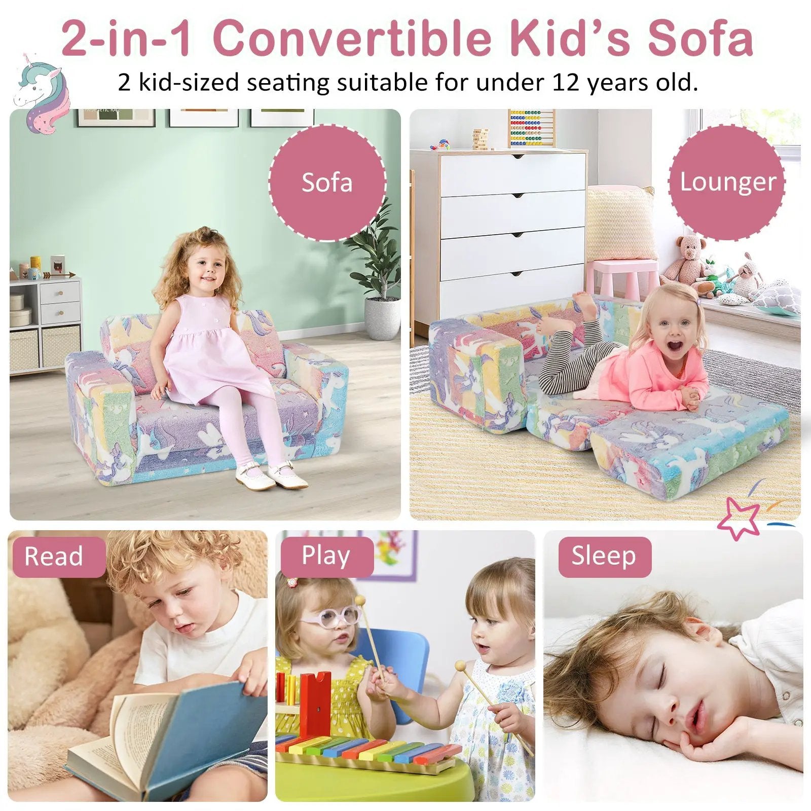 2-in-1 Flip Out Kids Sofa Chair with Detachable Flannel Fabric Cover and Glowing Patterns-Color by DirectDeals