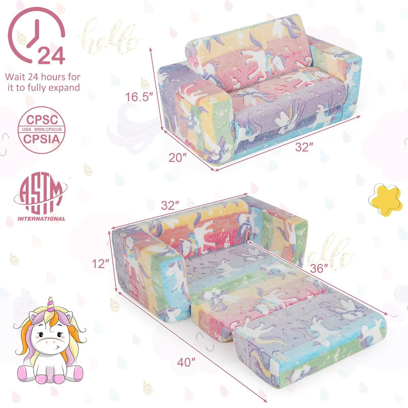 2-in-1 Flip Out Kids Sofa Chair with Detachable Flannel Fabric Cover and Glowing Patterns-Color by DirectDeals