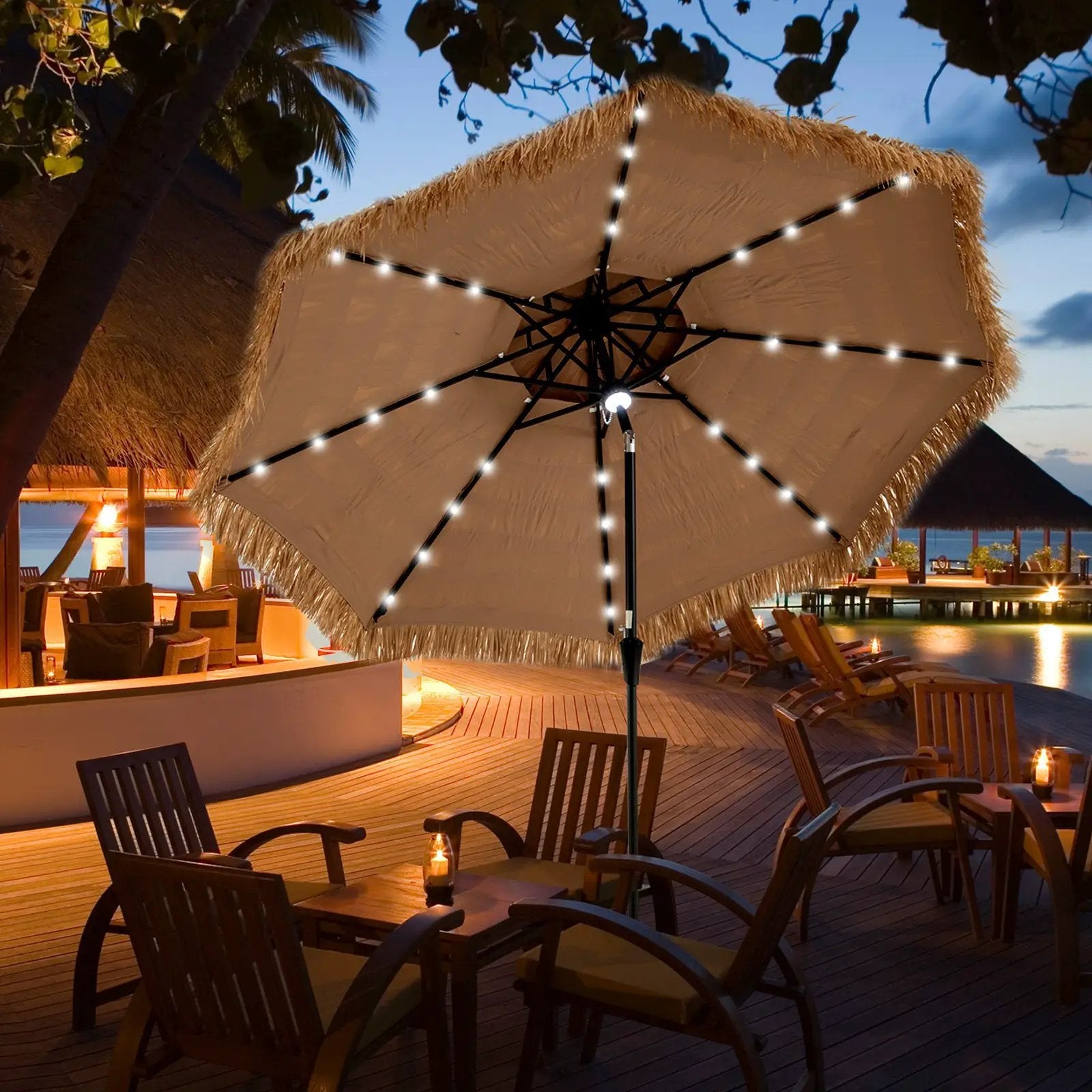 10 Feet Hawaiian Style Solar Lighted Thatched Tiki Patio Umbrella by DirectDeals