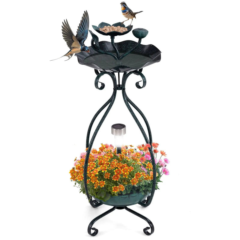 Solar Outdoor Bird Bath Feeder Combo with Flower Planter Pedestal and Solar Lights by DirectDeals