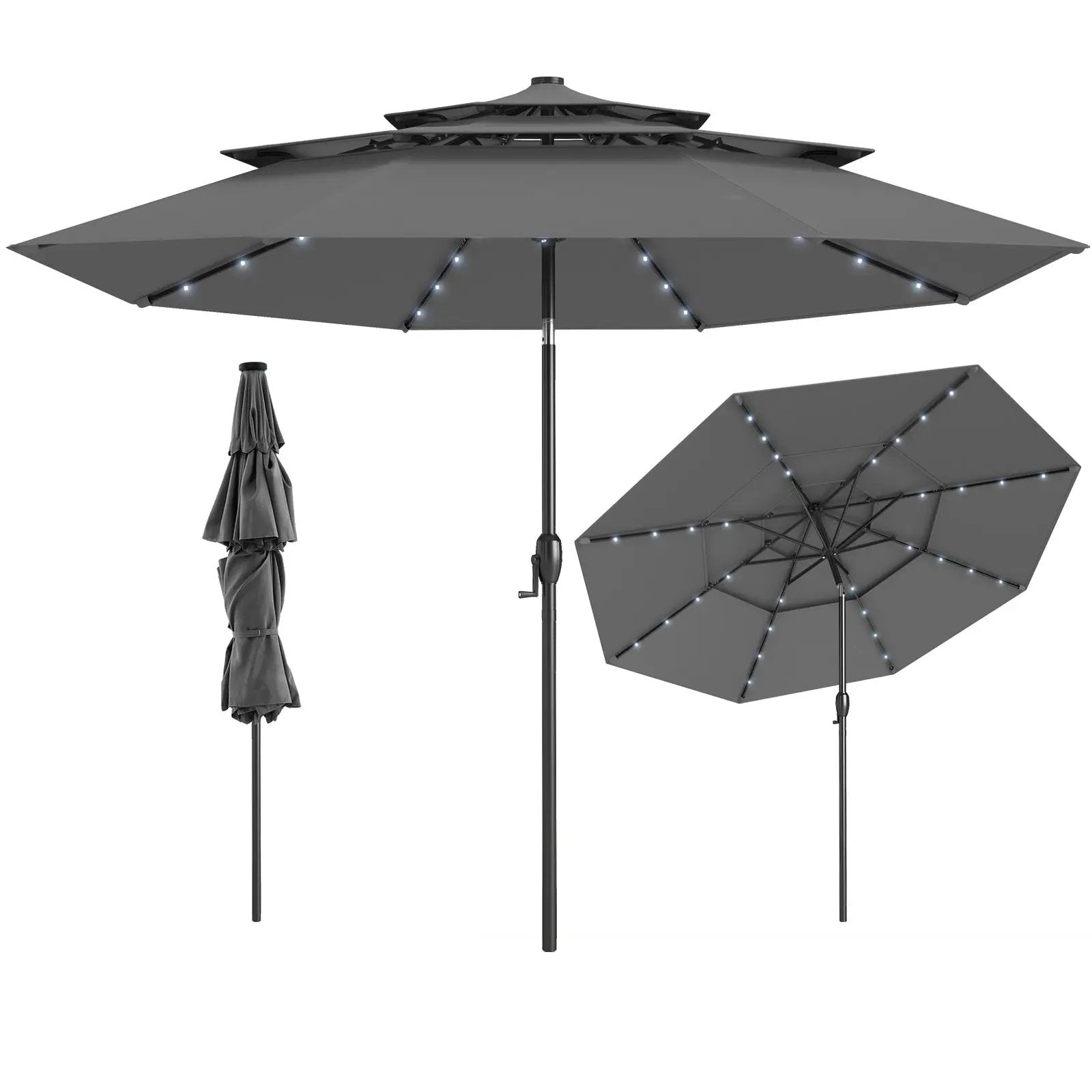 10 Feet Solar Patio Umbrella with 32 LED Lights 3-Tier Vented Top by DirectDeals