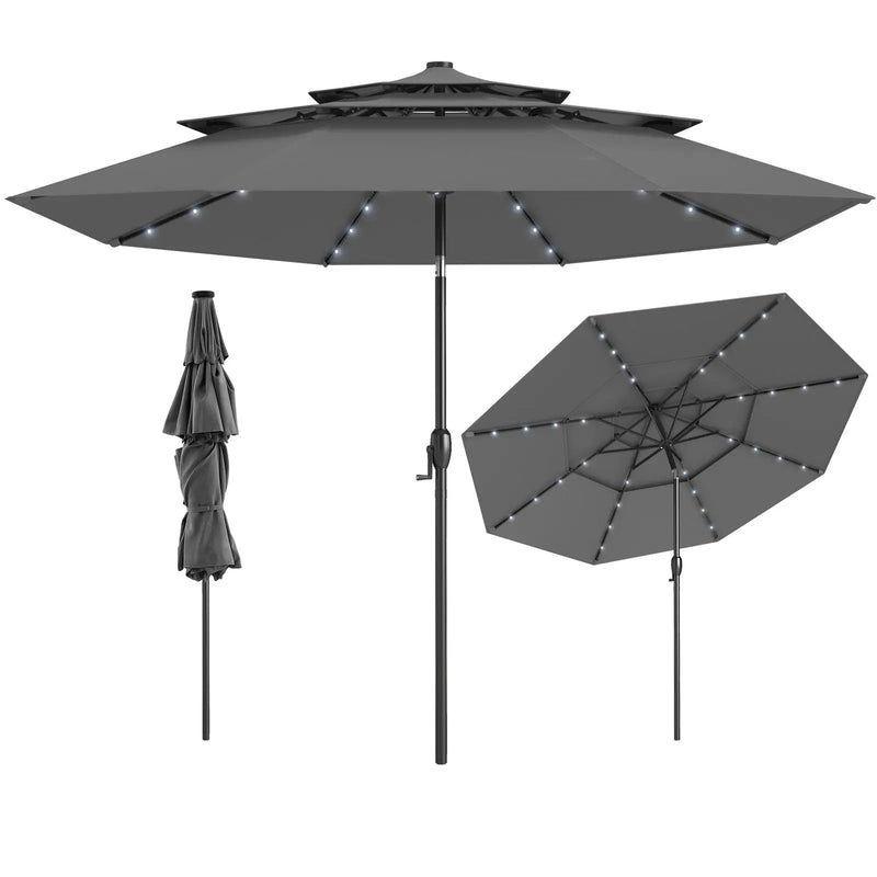 10 Feet Solar Patio Umbrella with 32 LED Lights 3-Tier Vented Top by DirectDeals