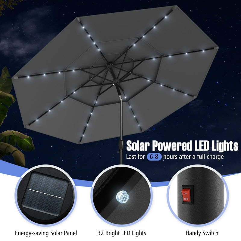 10 Feet Solar Patio Umbrella with 32 LED Lights 3-Tier Vented Top by DirectDeals