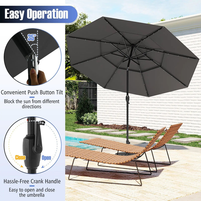 10 Feet Solar Patio Umbrella with 32 LED Lights 3-Tier Vented Top by DirectDeals