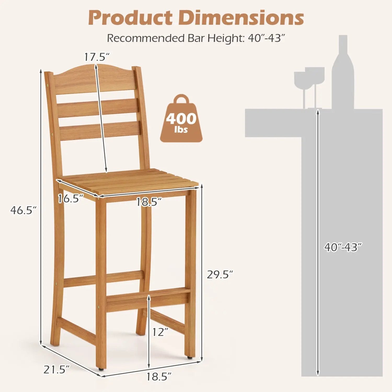 Acacia Wood Bar Stools with Curved Backrest - 400 LBS Capacity by DirectDeals