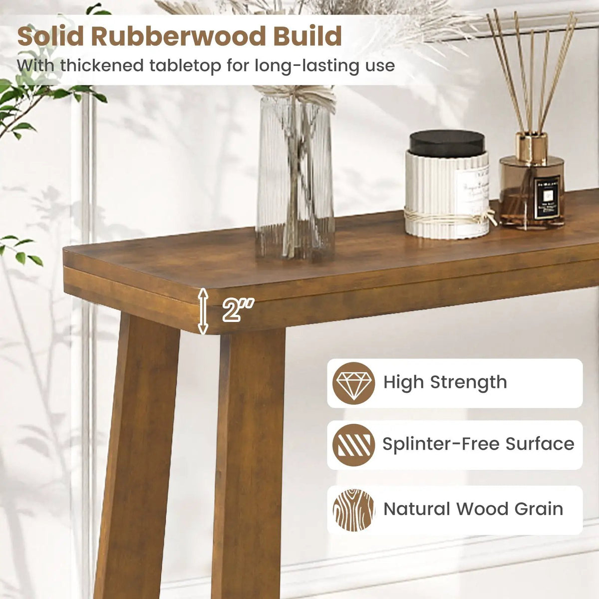 Solid Rubber Wood Console Table 43inch Narrow Entryway Table with Thick Tabletop and Stable Base by DirectDeals
