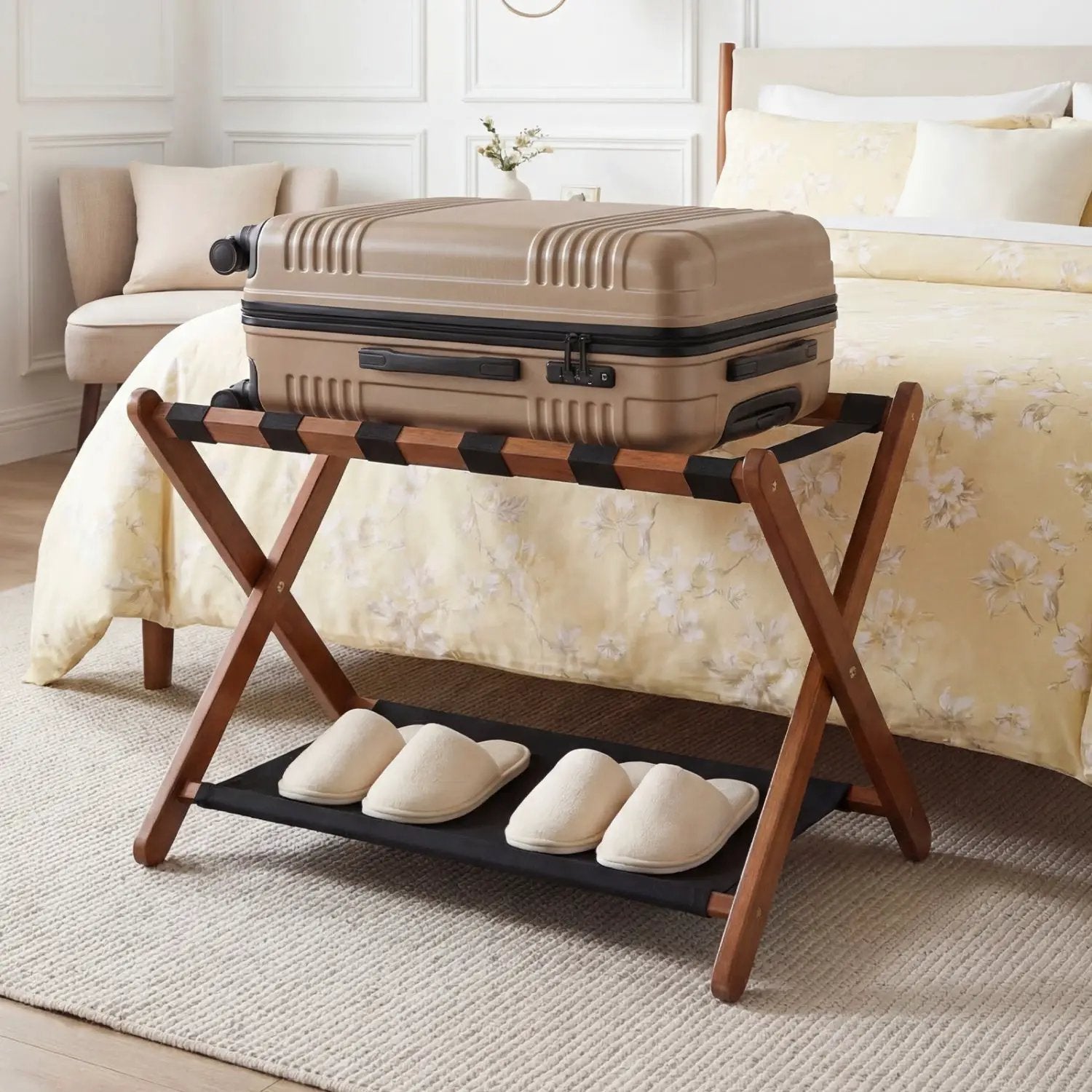 Solid Rubberwood Folding Luggage Rack with Nylon Shelves by DirectDeals
