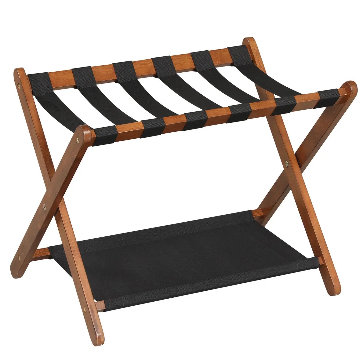 Solid Rubberwood Folding Luggage Rack with Nylon Shelves by DirectDeals