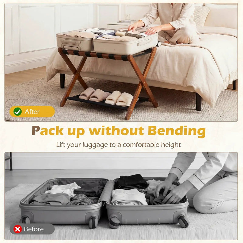 Solid Rubberwood Folding Luggage Rack with Nylon Shelves by DirectDeals