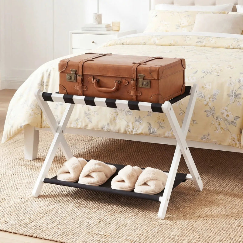 Solid Rubberwood Folding Luggage Rack with Nylon Shelves by DirectDeals