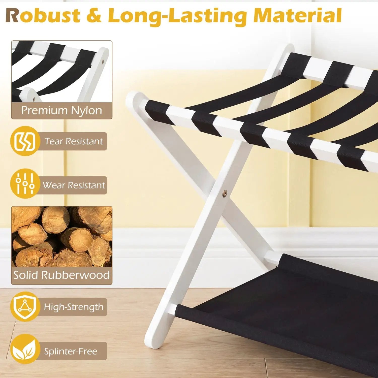 Solid Rubberwood Folding Luggage Rack with Nylon Shelves by DirectDeals
