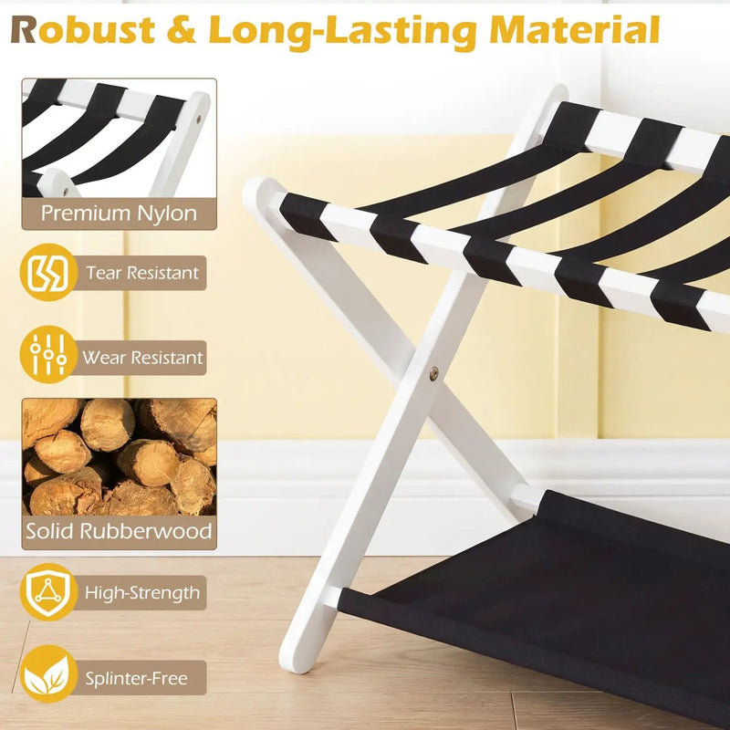 Solid Rubberwood Folding Luggage Rack with Nylon Shelves by DirectDeals